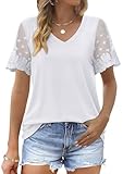 OFEEFAN Women's White V Neck Tops Boho Tops for Women Loose Fit Lace Short Sleeve V-Neck T-Shirt 2XL