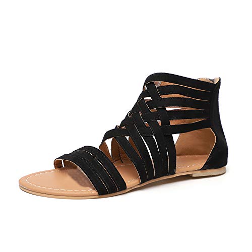 Sandalias Mujer Planas Zapatos Tacon Playa Verano Romano Gladiador Cremallera Punta Abierta Thongs Ligero Plataformas Negro EU36