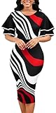 Elegant Bodycon Dress for Women Short Ruffles Sleeve Sexy Crew Neck Workwear Knee Length Pencil Dresses(XX-Large) Red Black