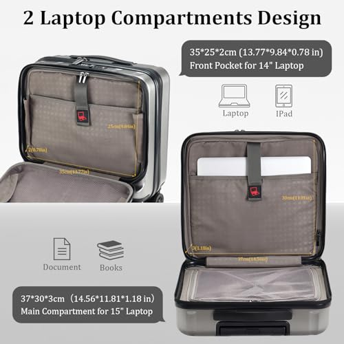 Image of 16 Inch Carry On Luggage with 2 Compartments for 14 inch & 15 inch Laptop, 16.14*8*17.12 inch Rolling Briefcase, Lightweight Hardshell ABS+PC Suitcase with Spinner Silent Wheels, for Business Trip, Dark Gray