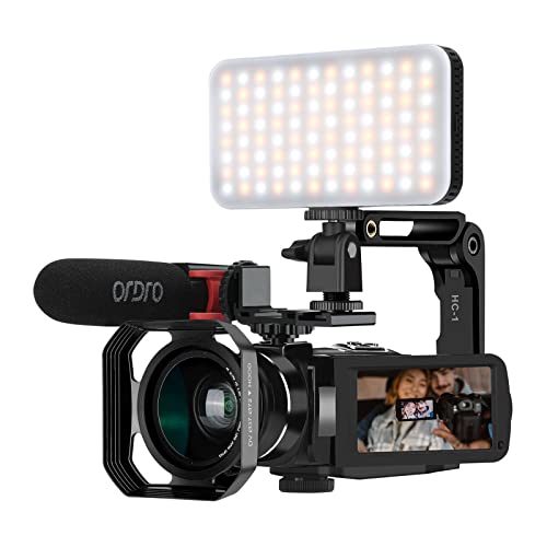 4K Camcorder 10X Optical Zoom Camera ORDRO Ultra HD WiFi Video Camera 120X Zoom Digital Camera 3.1" IPS Touch Screen, Vlog Camera w Microphone, Wide Lens, 2 Batteries, LED Light,Handle,64GB SD Card