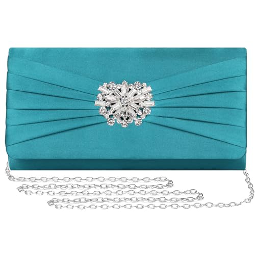 Image of Evening Bags For Women Pleated Satin Rhinestone Brooch Prom Clutch Purse With Detachable Chain Strap