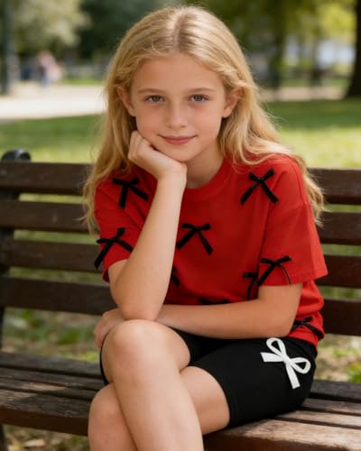 Image of Kids Girl Clothes Heart Print Short Sleeve Top and Shorts Cute Girl Summer Outfits Short Set