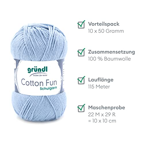 Gründl Cotton Fun Baby Blue Soft 100% Cotton Knitting Yarn Oeko-Tex Certified 50g/115m Needle Size 3-4 - 10 Balls of 50g - Image 2