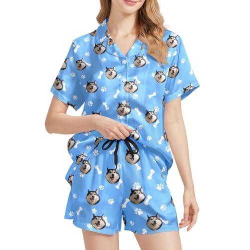 Image of Funny Satin Pajamas Set for Women Button Down Sleepwear Print Pjs Set 2 Piece Short Sleeve Loungewear Gift for Women