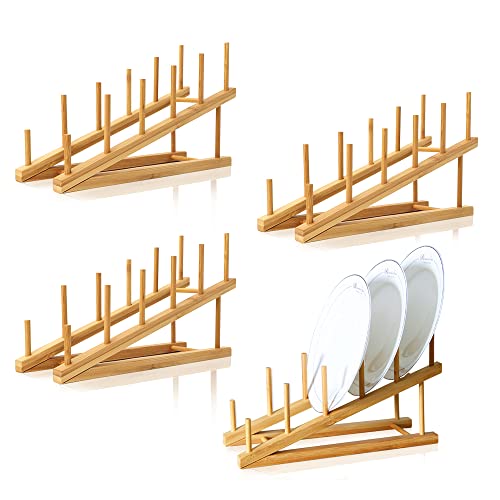 TIE-DailyNec 4 PCS Wooden Dish Rack Bamboo Plate Rack Stand Pot Lid Holder