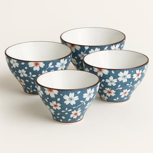 Image of YELONA Japanese Style Ceramic Bowls - 4.8 Inch (300ml), Set of 4 - Floral Design Rice /Noodle Bowls - Microwave & Dishwasher Safe, Ideal for Gifting Choice
