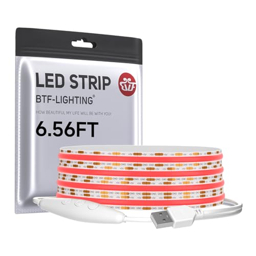 BTF-LIGHTING Dimmable USB FCOB COB Rouge Bande LED 2M 640LEDs Haute Densité 5V Flexible Ruban LED Lumière Ultra Bright CRI90+ pour Rétroéclairage TV Salon,...