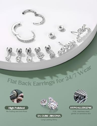 LOLIAS Hypoallergenic Flat Back Earrings-Cartilage Earring Stacks-Surgical Steel Earrings for Sensitive Ears - Small Stainless Steel Flatback Stud Hoop Earring Sets for Helix Tragus Conch Daith Multiple Piercing Jewelry Trendy - Image 4
