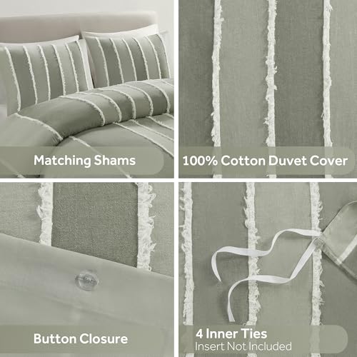 Image of Ink+Ivy Queen Duvet Cover Set Boho Duvet Covers Stripes, Clipped Jacquard, Cotton Duvet Cover for Queen Size Bed, All Season Lightweight Queen Bedding Cover & Shams, Shay, Full /Queen, Sage 3 Piece