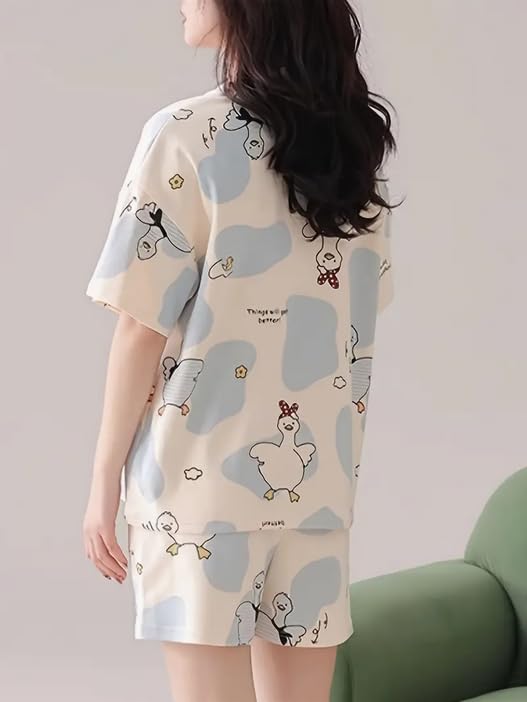 Image of Lunza Women's Cotton Pajama Set with Top & Pants|| Korean Night Suit|| Lightweight Printed Set || Soft & Comfy Sleepwear for Girls & Women