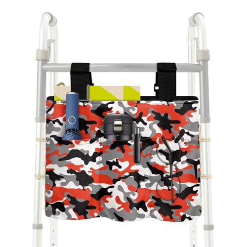 Rnyleeg Red Camo Walker Accessories Bags for Folding Walker with Cup Holder Non Slip Walkers Storage Bags for Seniors Water-Resistant Walkers Rollator Organizer Carry Storage Pouch