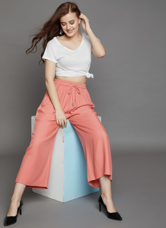 Image of Super Soft Viscose Rayon Flared Palazzo Pants for Women Stylish Wide Leg Straight Relaxed Fit Casual Ethnic Office Wear