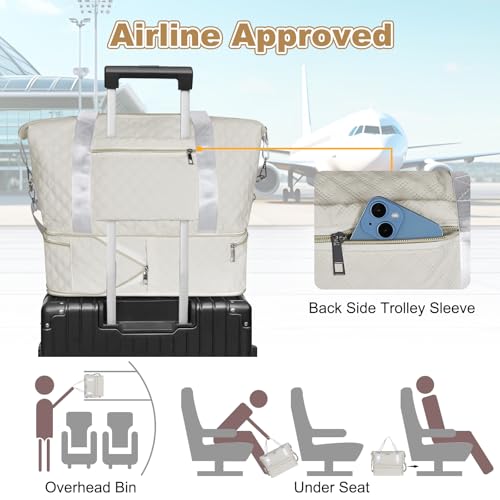 Geestock Travel Duffle Bag for Women Men, Expandable Weekender Overnight Bags with Shoes Compartment, Lightweight Carry on Personal Item Duffle Gym Bag for Travel, Airplanes, Sports (Off-White)3