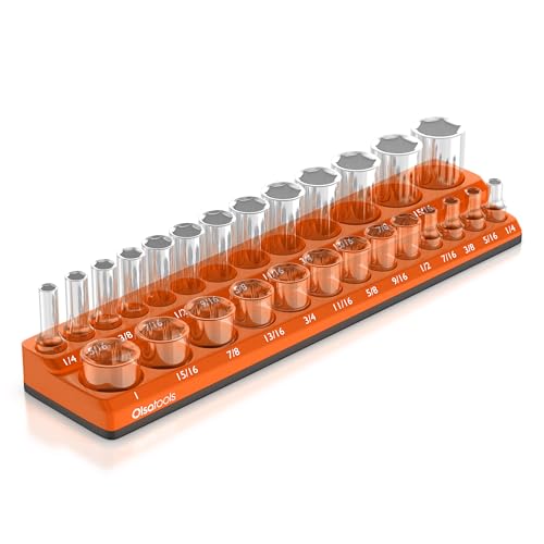 Image of Olsa Tools Magnetic Socket Organizer - 3 /8-Inch Drive SAE Socket Holder with Strong Magnets - Professional Tool Holder and Organizer - Stores up to 26 Sockets - Orange - Part: 1291