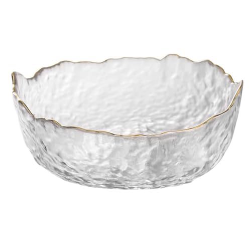 SYXLTSH Glass Salad Bowl, Fruit Bowl Flower Shape, Serving Bowls, Bowl Dish Plate for Decorative Home, Kitchen, Mixing, Candy, Nut, Snack, Dessert, Ice Cream (Crystal Clear with Gold Rim, Medium)