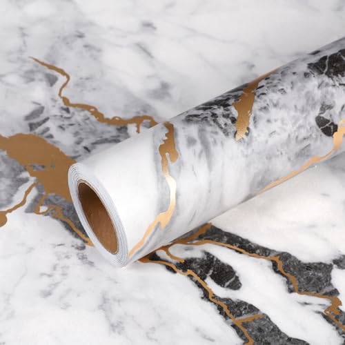 VEELIKE Black and White Gold Marble Contact Paper for Countertops Waterproof Peel and Stick Countertop Contact Paper 15.7x354 Self Adhesive Marble Wallpaper for Bathroom Kitchen Countertops Table