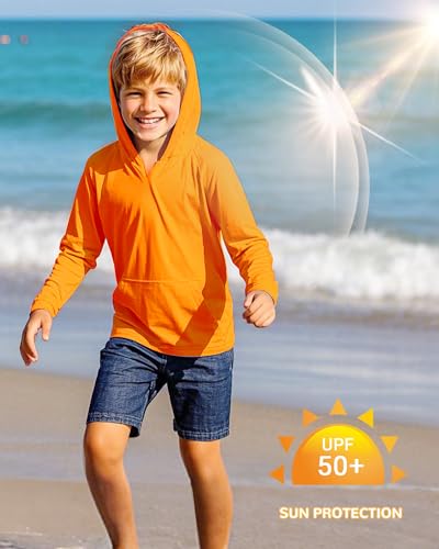 Image of Boys Rash Guard Long Sleeve Hoodie Swim Shirt with Pocket Youth Kids UPF 50+ Sun Protection Fishing Shirts Thumb Hole