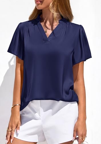 PRETTYGARDEN Women's 2026 Summer Satin Blouses Dressy Casual Ruffle Cap Sleeve V Neck Business Work Cute Tops Spring Outfits (Royal Blue,Small) — view 5