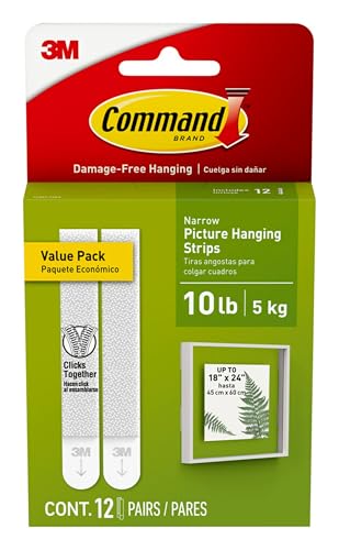 Command Narrow Picture Hanging Strips, Damage Free Hanging Picture Hangers, No Tools Wall Strips for Living Spaces, 12 White Adhesive Strip Pairs (24 Strips)