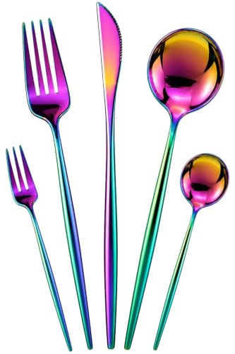 Image of Slim Handle Rainbow 10 Pcs Stainless Steel Cutlery Set for Dining Table, Dishwasher Safe Glossy Flatware (2 Spoon Set+2 Forks Set+2 Butter Knife+2 Dessert Spoon+ 2 Fruit Fork)