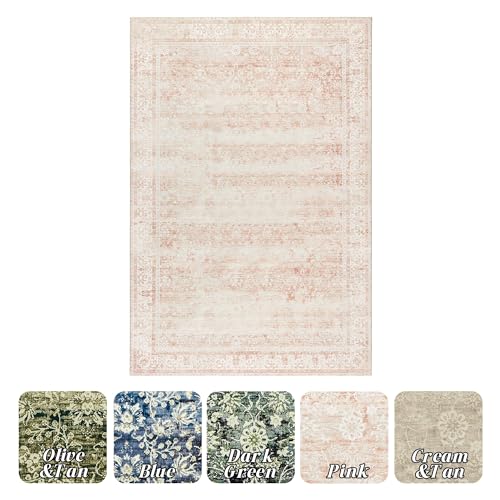 Bileehome USBH-FGSH-PINK-57 Nursery Rug For Baby Girl Neutral Blush Pink Boho Floral Washable Soft Faux Wool Area Rugs thumb #2