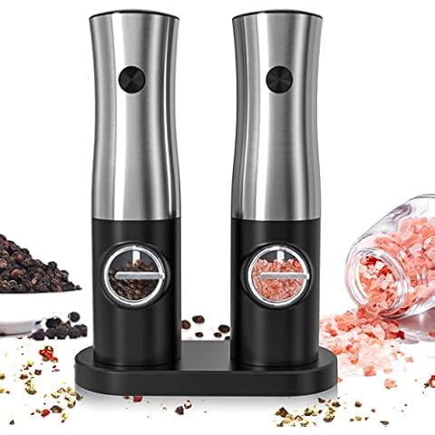Electric Salt and Pepper Grinder Set, Rechargeable Pepper Grinder with Dual Charger Tray, LED Light,Adjustable Coarseness, One Hand Operation, Stainless Steel Body, Black, Set of 2 Cover
