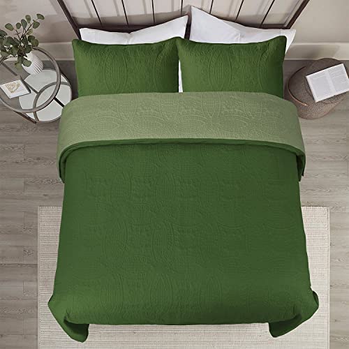 Bedream 3 Pieces Reversible Oversized Bedspread Set Queen, Green Light Weight Ultrasonic Embossed Quilt Set With Coin Medallion Pattern, Modern All Season Solid Coverlet For Bedroom, Microfiber #TOP2