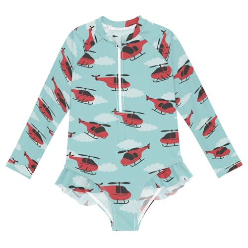 JHKKU Girls Long Sleeve Helicopters Swimsuit One Piece Zipper Rash Guard Bathing Suit with UPF 50+ Sun Protection Ruffle Swimwear 3T