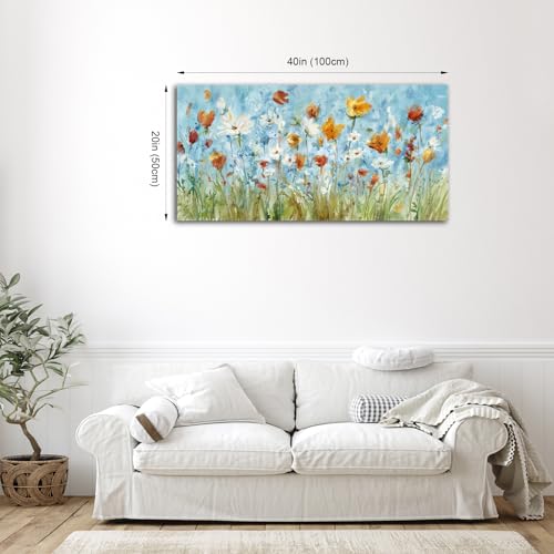 Image of VEAEE Wildflowers Canvas Wall Art Daisy Flowers Canvas Pictures Abstract Orange Red Green Floral Blossom Landscape Painting for Living Room Bedroom Kitchen Dining Room Home Office Decor 20 inchx40 inch