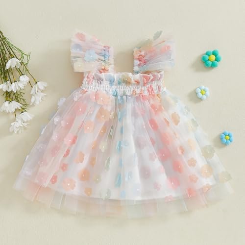 Toddler Girls Tulle Dress Fly Sleeve Smocked Bow Flower Layered Tutu Princess Dresses Summer Beach Sundress3