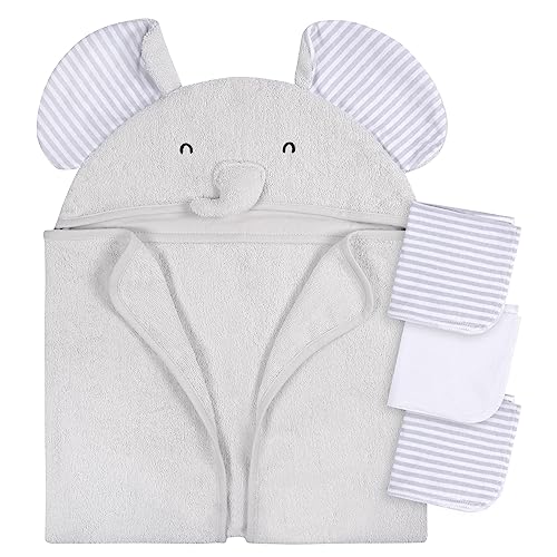 Image of Gerber Baby 4 Piece Animal Character Hooded Towel and Washcloth Set, Grey Elephant, One Size