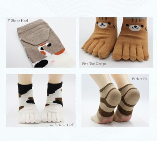 Image of Japanese Cat Design Toe Five Finger Socks (Set of 5 Pairs) Athletic No Show Split Toe Socks Colorful