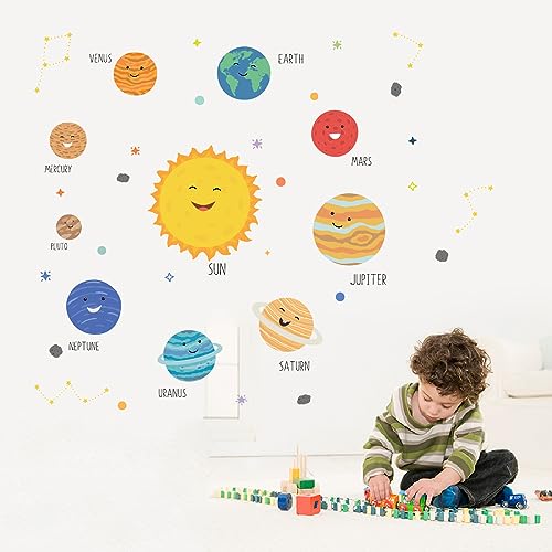 Image of Smiling Solar System Planet Galaxy Kids Room Wall Stickers Educational Learning Wall Decal Fun Character Stickers Kids Play Room Home Decor Nursery Classroom Bedroom-Self-Adhesive
