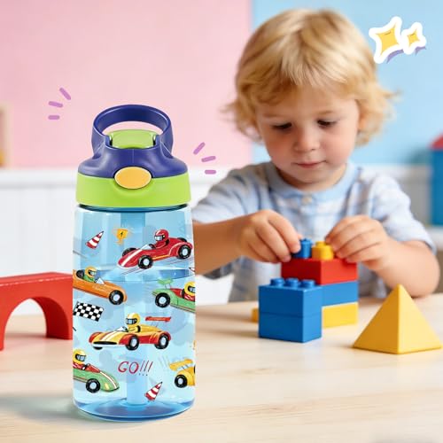 Image of 14oz Racing Car Kids Water Bottle with Straw Lid - Cool Water Bottles for Kids, Leakproof, Lightweight, Durable Plastic Bottles for School, Pop-Up Straw Cover, Gift Cup for Girls Boys (Racing Car)