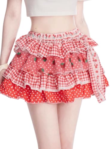 Women's Lolita Mini Skirt Sweet Y2K Floral Print with Ruffles & Bow Chiffon Pink Cake Skirt