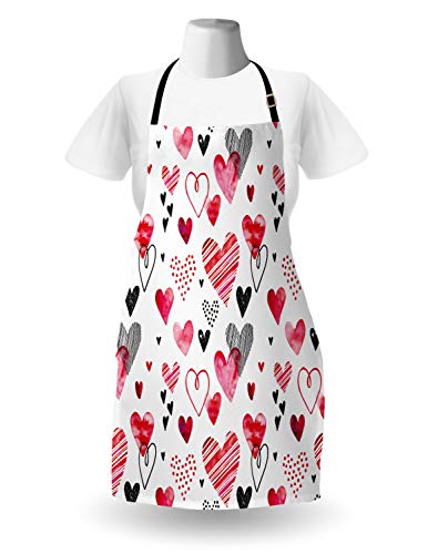 Ambesonne Valentine Apron, Different Types Of Heart Shapes Romance Love Theme Watercolor Striped Art, Unisex Kitchen Bib With Adjustable Neck For Cooking Gardening, Adult Size, White Black #TOP1