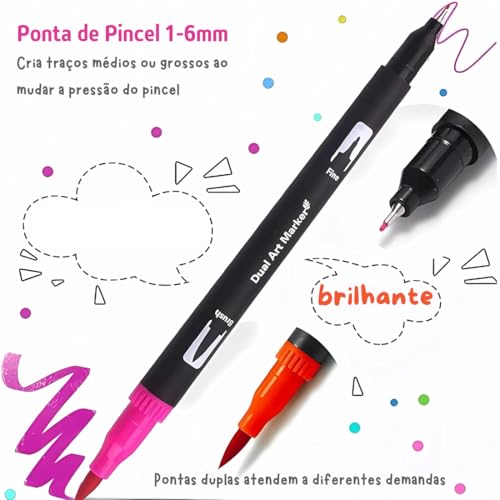 Kit Canetinhas Coloridas 120 Cores com Pontas Duplas, Conjunto Caneta Brush para Livros de Colorir p
