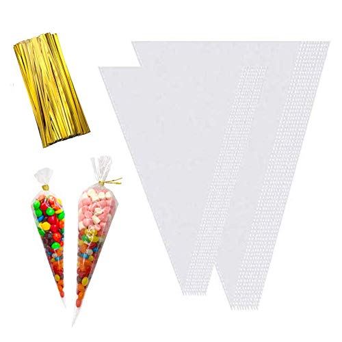 200PCS Clear Treat Bags, 2 Sizes Large Cone Bags Cello Bags Sweets Treat Bags Gift Plastic Bags with Gold Twist Ties for Snacks Candy Cookies Popcorn DIY Supply Wedding Home Birthday Party Favor