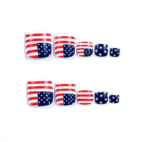 Image of Independence Day Press on Toenails American Flag 4th July Toenail Press ons Stripe Design Glossy Full Cover Short Square Stick on Toe Nails for Women Manicure 24Pcs