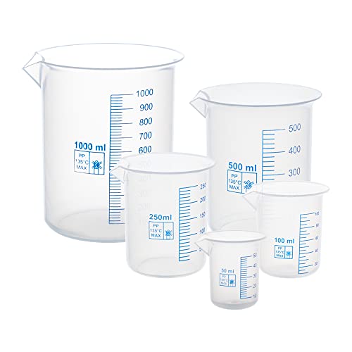 Image of Supertek Reusable Measuring Beakers 50ml, 100ml, 250ml, 500ml, 1000ml - Set of 5 | Transparent Polypropylene Plastic Measuring Cup for Lab Experiments, Kitchen & Cooking | Liquid & Solid Measurement