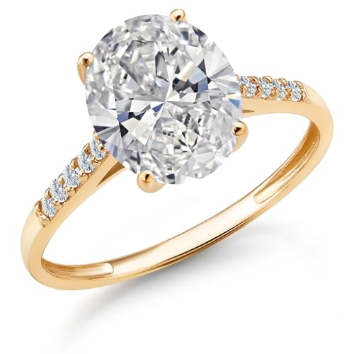 Gem Stone King 3.10 Cttw Lab Grown Diamond Engagement Ring For Women | 10K Yellow Gold | Center Oval Diamond 3 Ct | IGI Certified | E-F Color | VS1-VS2 Clarity (Size 5)
