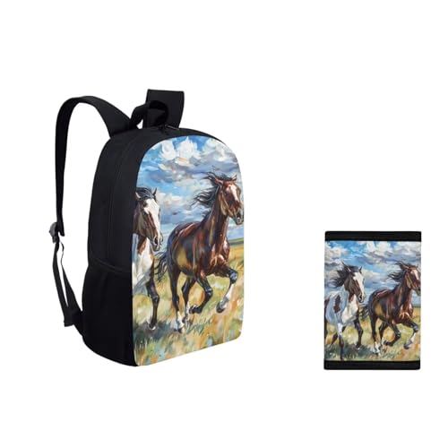 COEQINE Mens Horse Backpacks Wallet Cool Watercolorful Horse Fashion Horse Bookbag With Water Holder Portable Trifold Wallet With Coin Pocket2