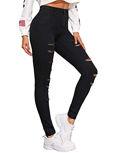 SweatyRocks Women's Hight Waisted Stretch Distressed Denim Pants Ripped Skinny Jeans Black M - Image 3