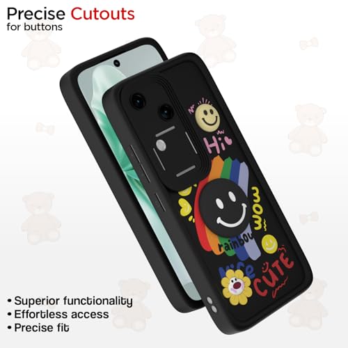 Image of Pikkme Back Cover for Vivo V30 5G / V30 Pro 5G | Soft Silicone| Cute Rainbow Smile & 3D Cartoon Flower Design | Shockproof Raised Camera Protection Bumper Case (Black)