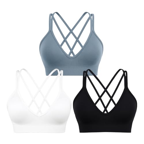 Image of Sports Bra for Women V-Neck Strappy Criss Cross Yoga Bra Padded Medium Support Workout Gym Athletic Fitness Bras 3 Pack