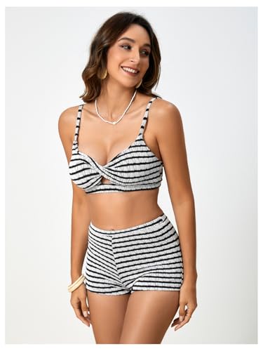 MakeMeChic Women's Striped Bikini Set Twist Front Tummy Control Bathing Suit with Boyshorts3
