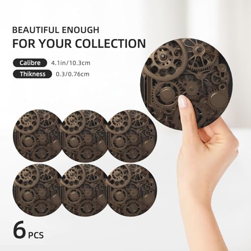 Dessous de verre céramique engrenages steampunk (Lot de 6 avec support)