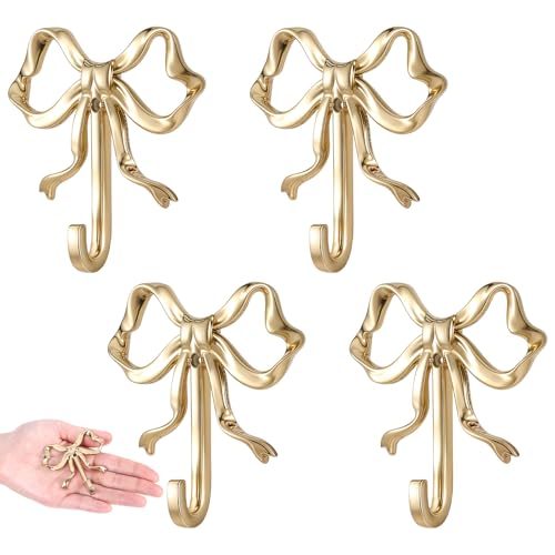 Image of WLLHYF Bow Hook, 4 Pcs Bowknot Hook Decorative Bow Hooks Wall Decor Towel Hooks Multi-Purpose Hat Hooks Brass Gold Wall Hook for Bathroom Living Room Decor Hanging Coat