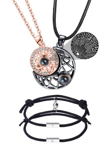 Sun and Moon Necklace for Him and Her I Love You Necklace in 100 Languages Magnetic Sun and Moon Bracelets for Couples Friendship Necklace Valentine Gifts for Teen Boys (A: sun & moon necklace bracelet set)